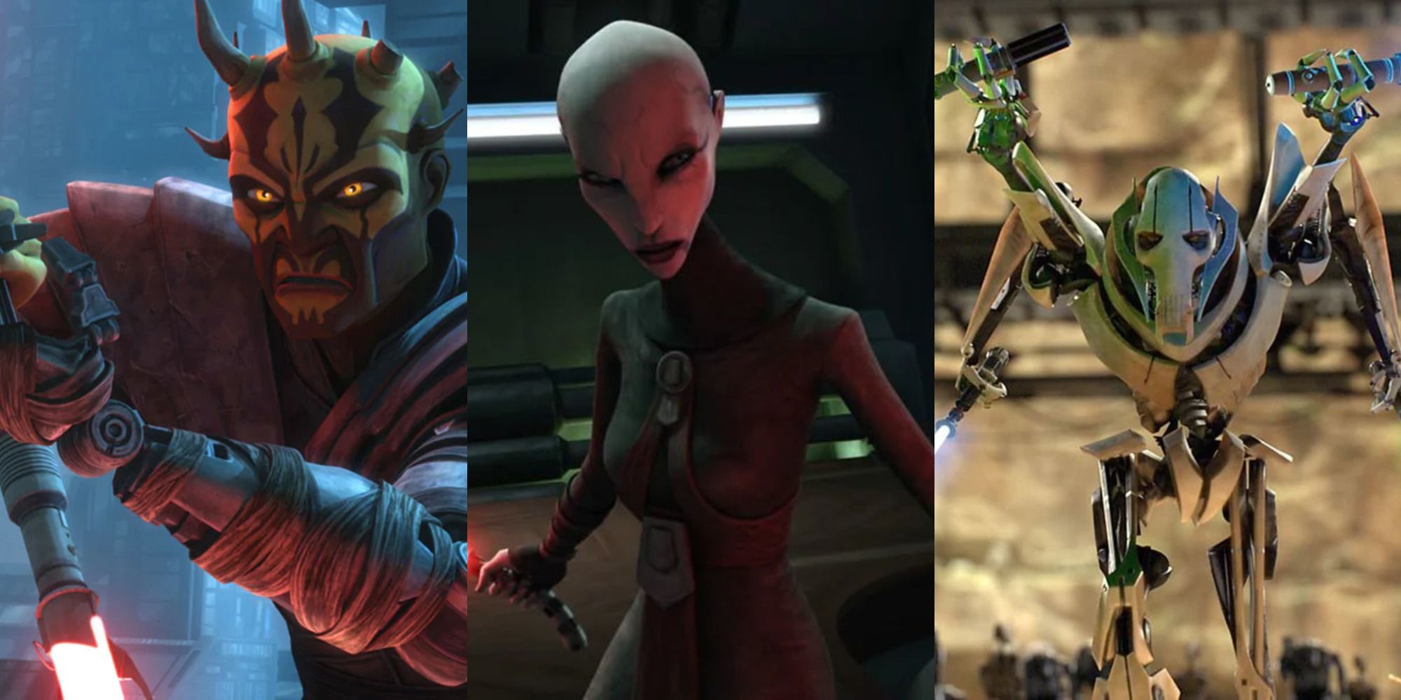 Split image of Savage Opress, Asajj Ventress, and General Grevious from Star Wars