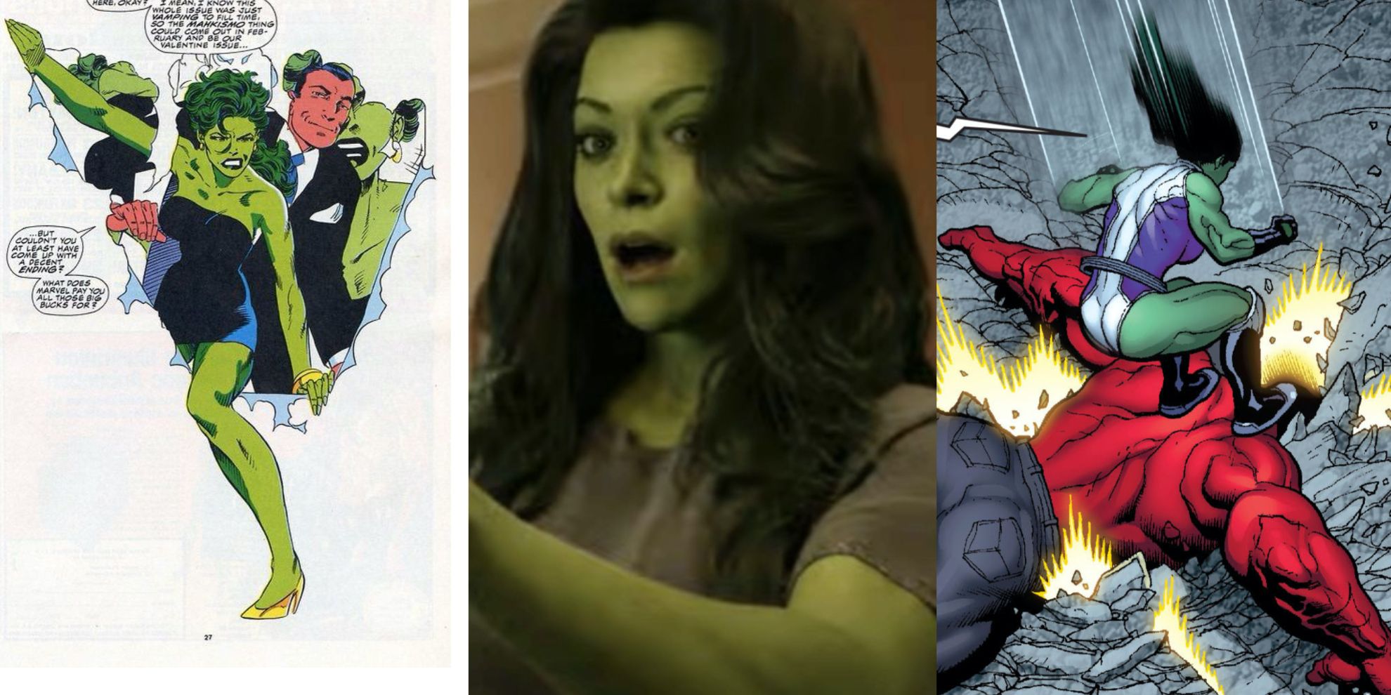 Split image of She-Hulk tearing through comic page, She-Hulk from MCU, and She-hulk landing on Red Hulk in Marvel Comics
