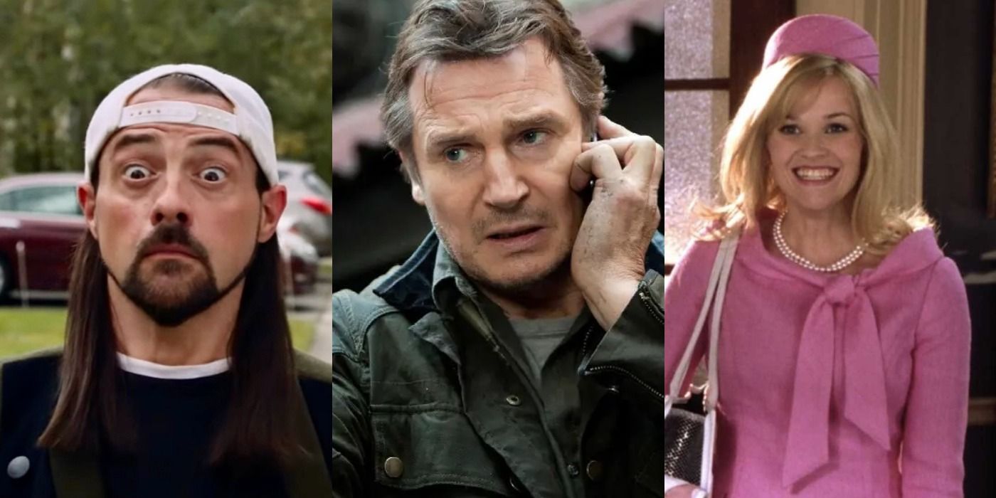 Split image of Silent Bob in Jay and Silent Bob Reboot, Bryan in Taken 3, and Elle in Legally Blonde 2