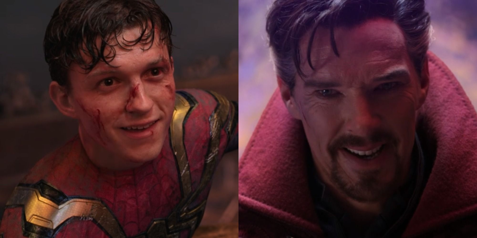 Split image of Spider-Man and Doctor Strange smiling at each other in Spider-Man No Way Home