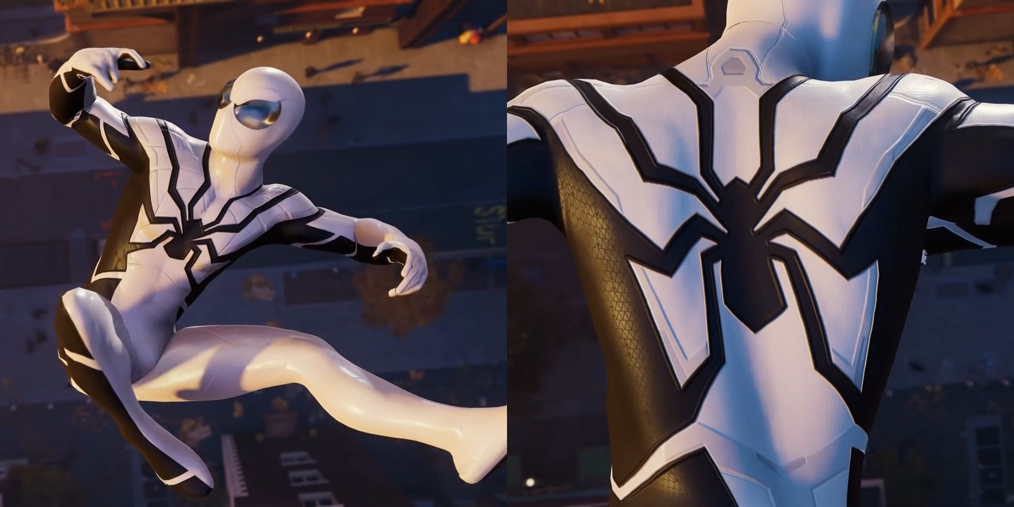 Split image of Spider Man swinging through the city in the Future Foundation suit in Marvels Spider Man