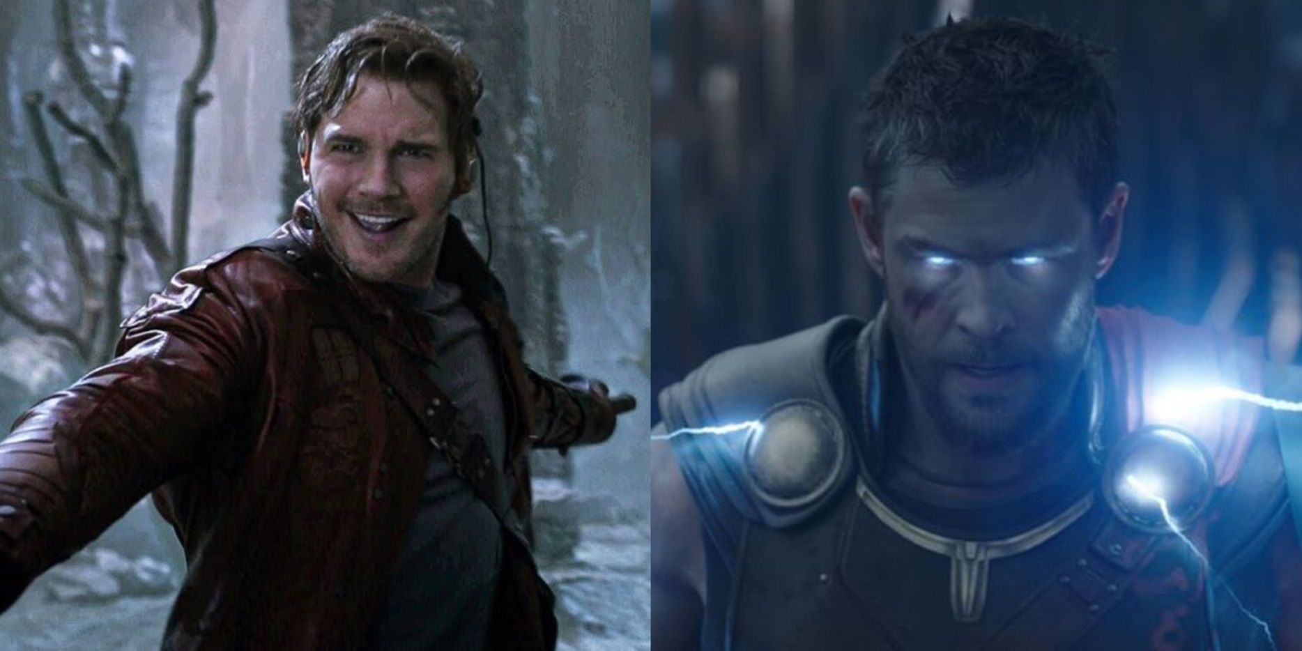 Split image of Star-Lord in Guardians of the Galaxy and Thor in Thor Ragnarok