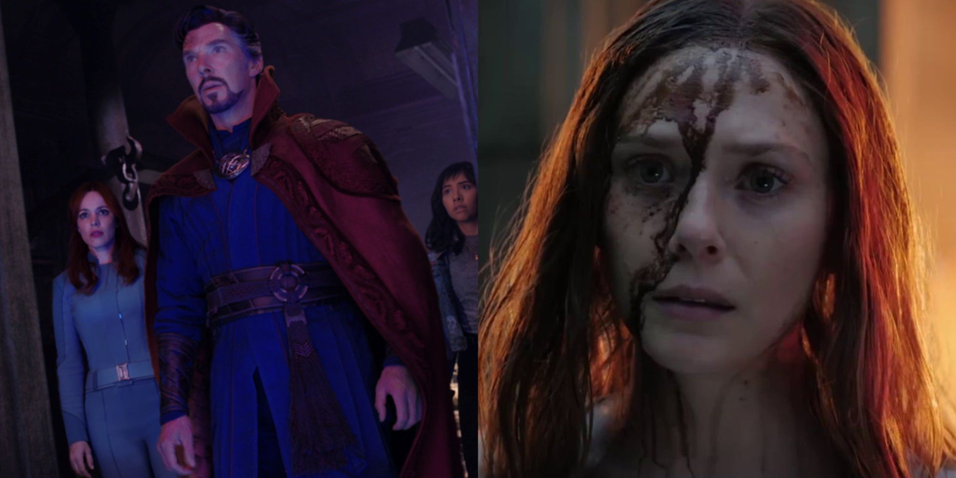Split image of Strange, Christine, and America in the space between worlds and Scarlet Witch dreamwalking in Doctor Strange 2