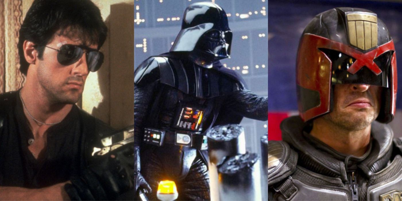 Split image of Sylvester Stallone in Cobra, Darth Vader in Return of the Jedi, and Judge Dredd in Dredd