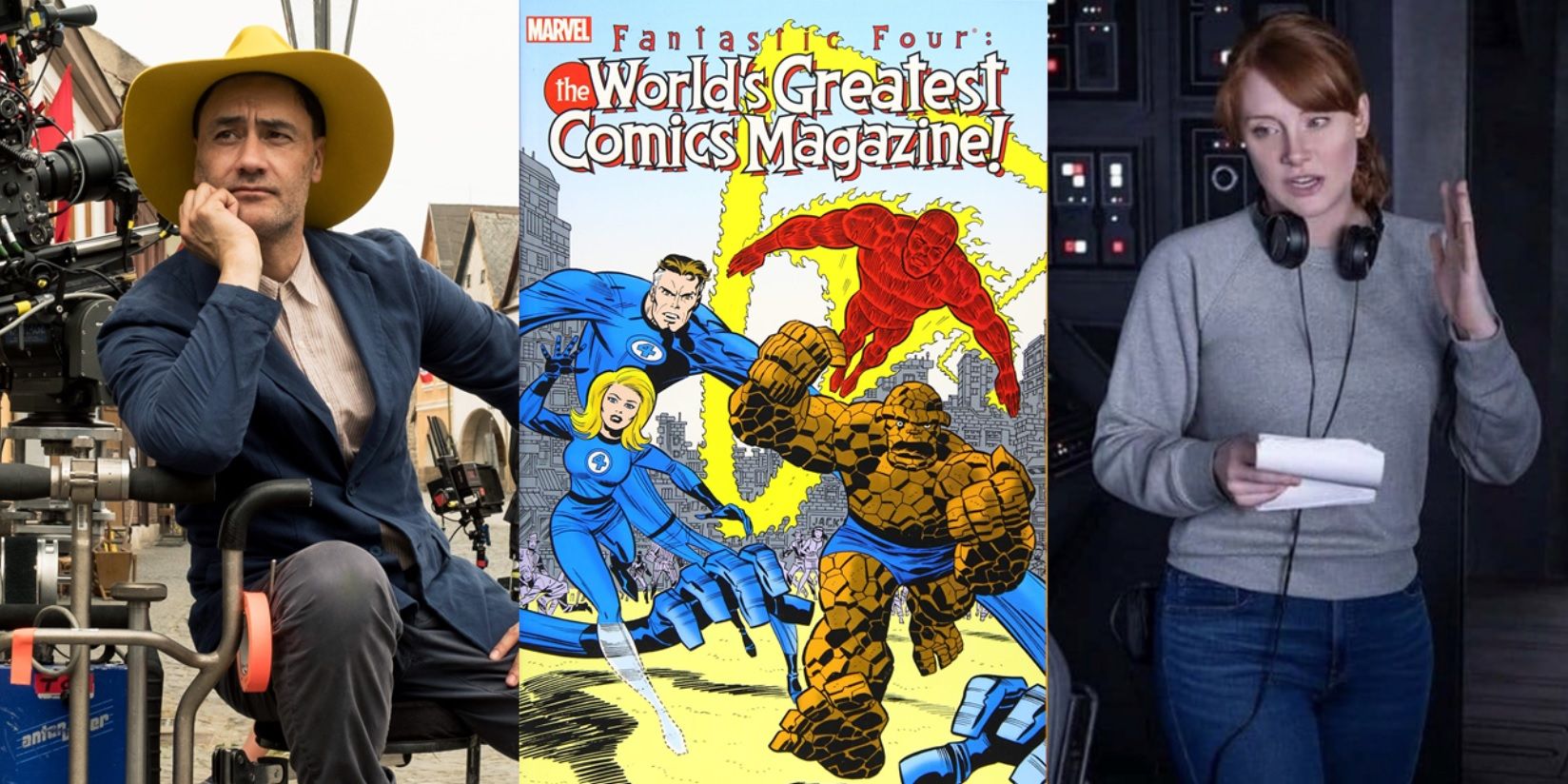 Split image of Taika Waititi, the Fantastic Four, and Bryce Dallas Howard