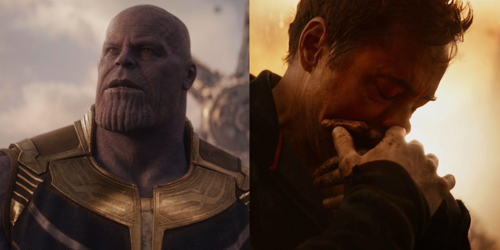 Split image of Thanos in the ruins of Titan and Tony lamenting failure in Avengers Infinity War
