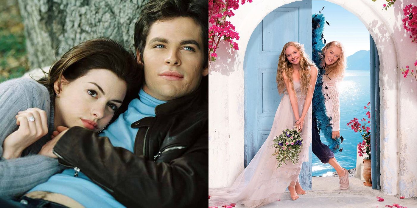 Split image of The Princess Diaries 2 still of Mia and Nicholas hugging under a tree and Mamma Mia! promotional poster with Sophie and Donna