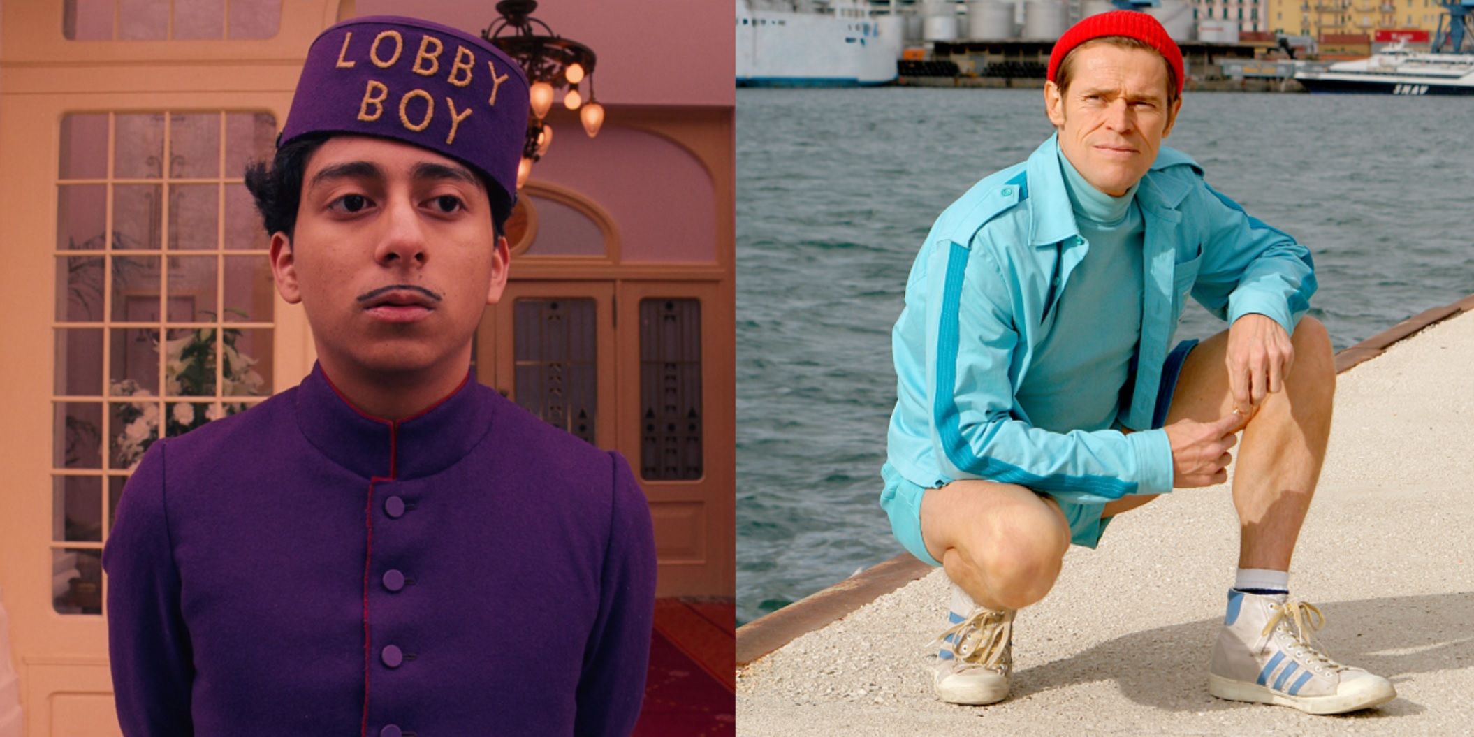 Split image of Tony Revolori in The Grand Budapest Hotel and Willem Dafoe in The Life Aquatic