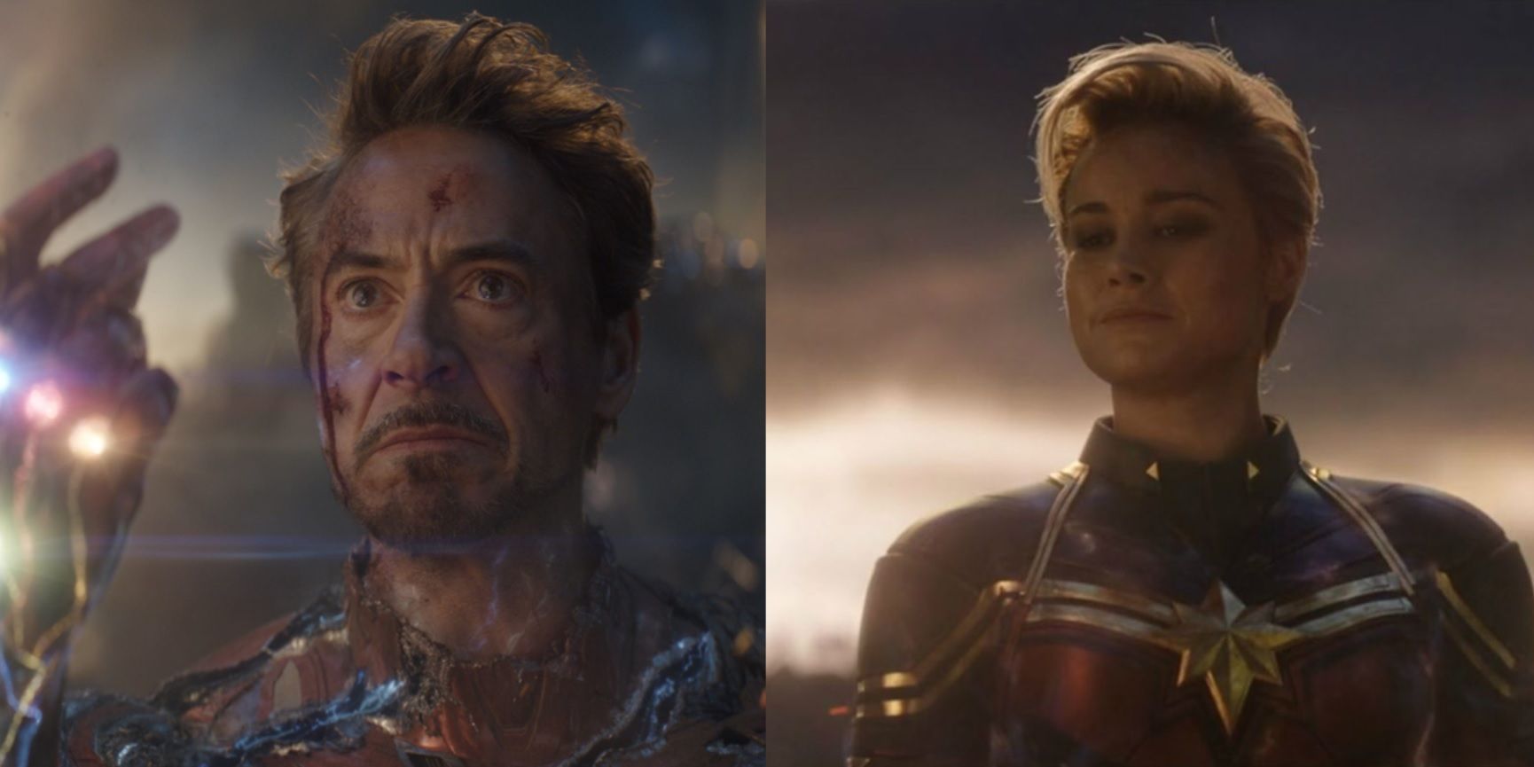 Split image of Tony Stark snapping his fingers and Carol Danvers smiling in Avengers Endgame