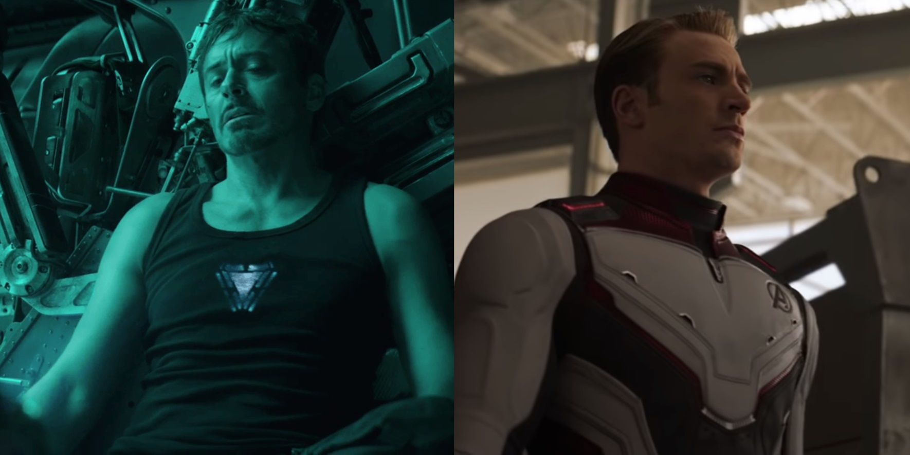 Split image of Tony sitting on a spaceship and Cap wearing a time-travel suit in Avengers Endgame