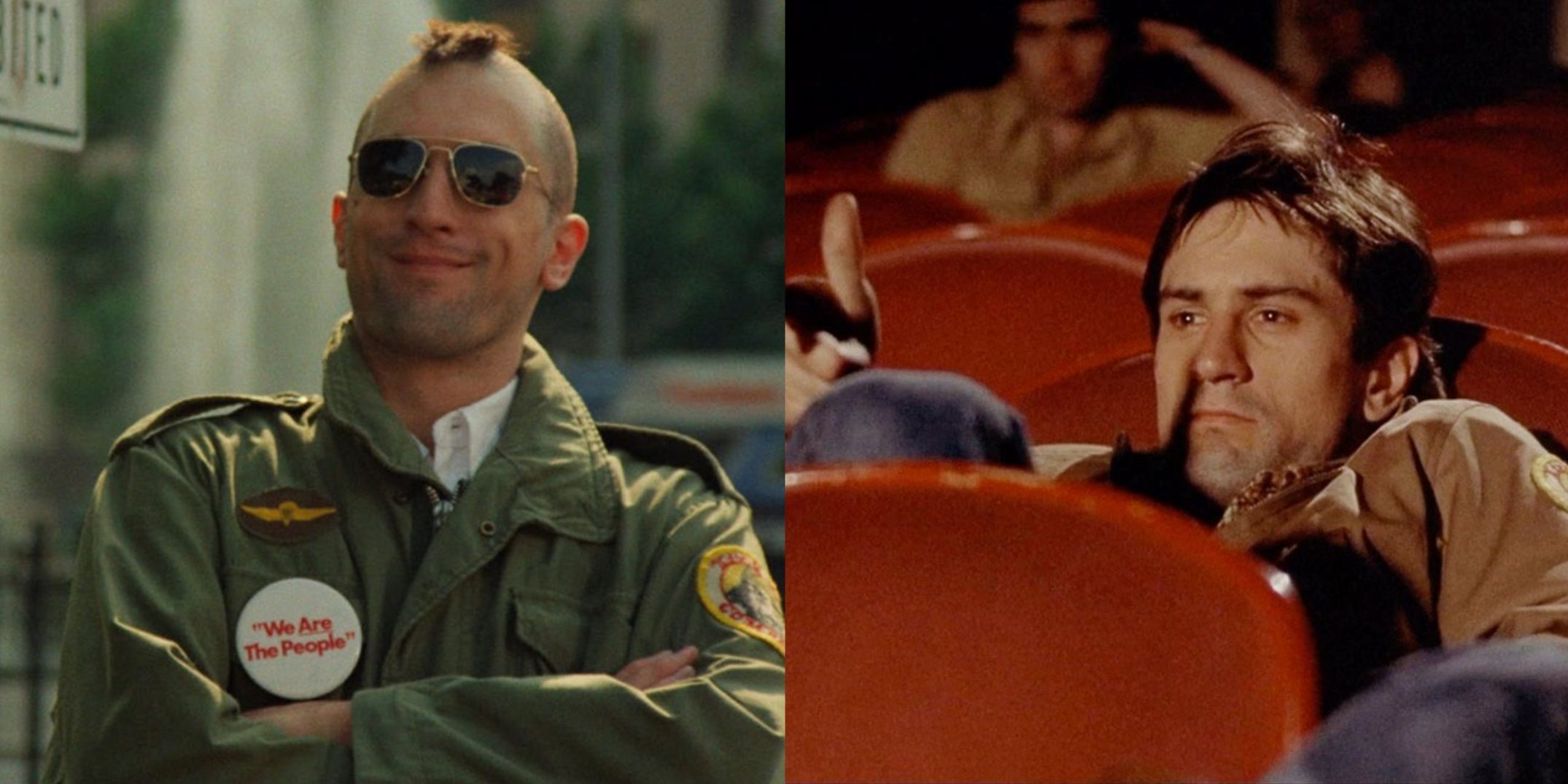 Split image of Travis Bickle with a mohawk and sitting in a movie theater in Taxi Driver