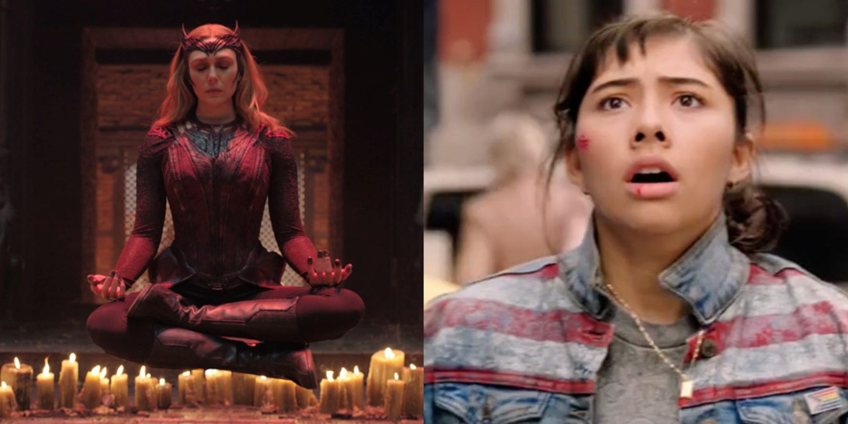 Split image of Wanda dreamwalking and America looking shocked in Doctor Strange in the Multiverse of Madness