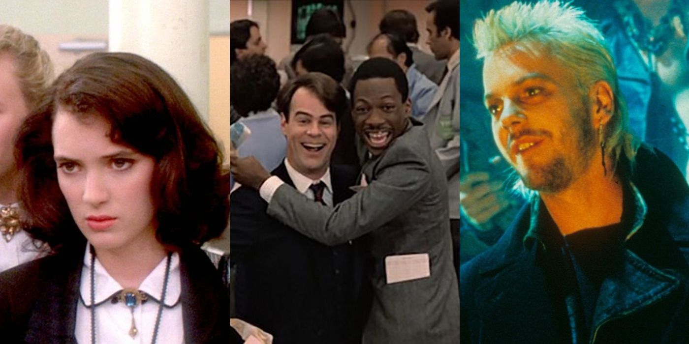 Split image of Winona Ryder in Heathers, Eddie Murphy in Trading Places, and Keifer Sutherland in The Lost Boys