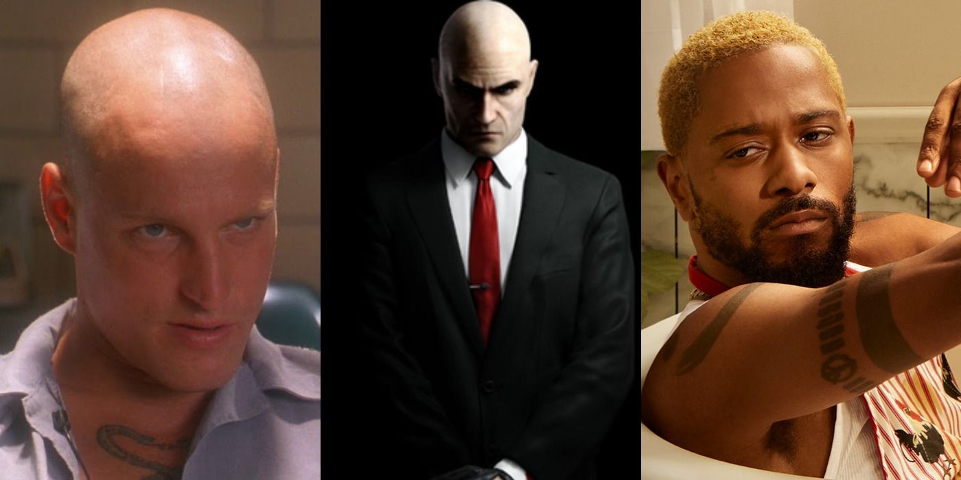 Split image of Woody Harrelson in Natural Born Killers, Agent 47 in Hitman, and LaKeith Stanfield in Atlanta