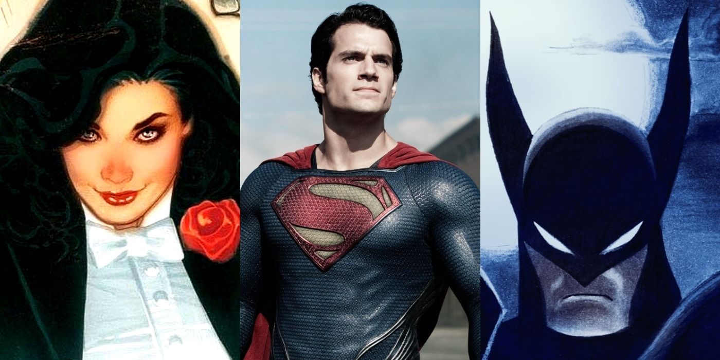 Split image of Zatanna, Superman in Man of Steel, and Batman in Batman Caped Crusader