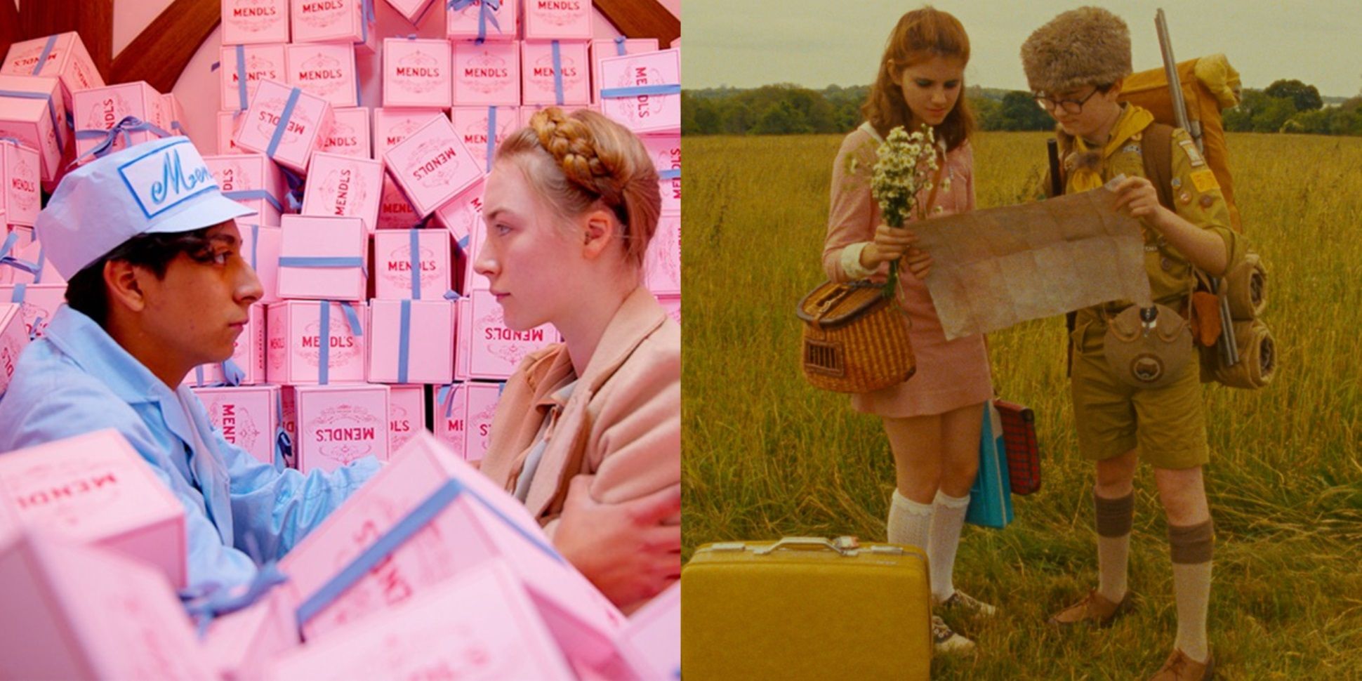 Split image of Zero and Agatha in The Grand Budapest Hotel and Sam and Suzy in Moonrise Kingdom