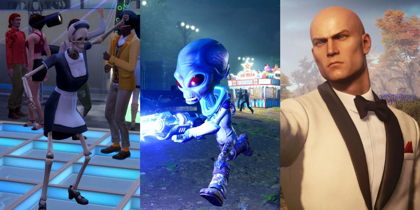 Split image of a Skeleton Maid in The Sims, Crypto in Destroy All Humans, and Agent 47 in Hitman