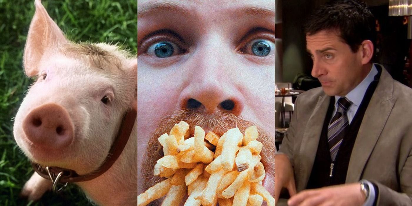 Split image of a pig in Babe, Morgan Spurlock in Super Size Me, and Steve Carrell in Crazy Stupid Love