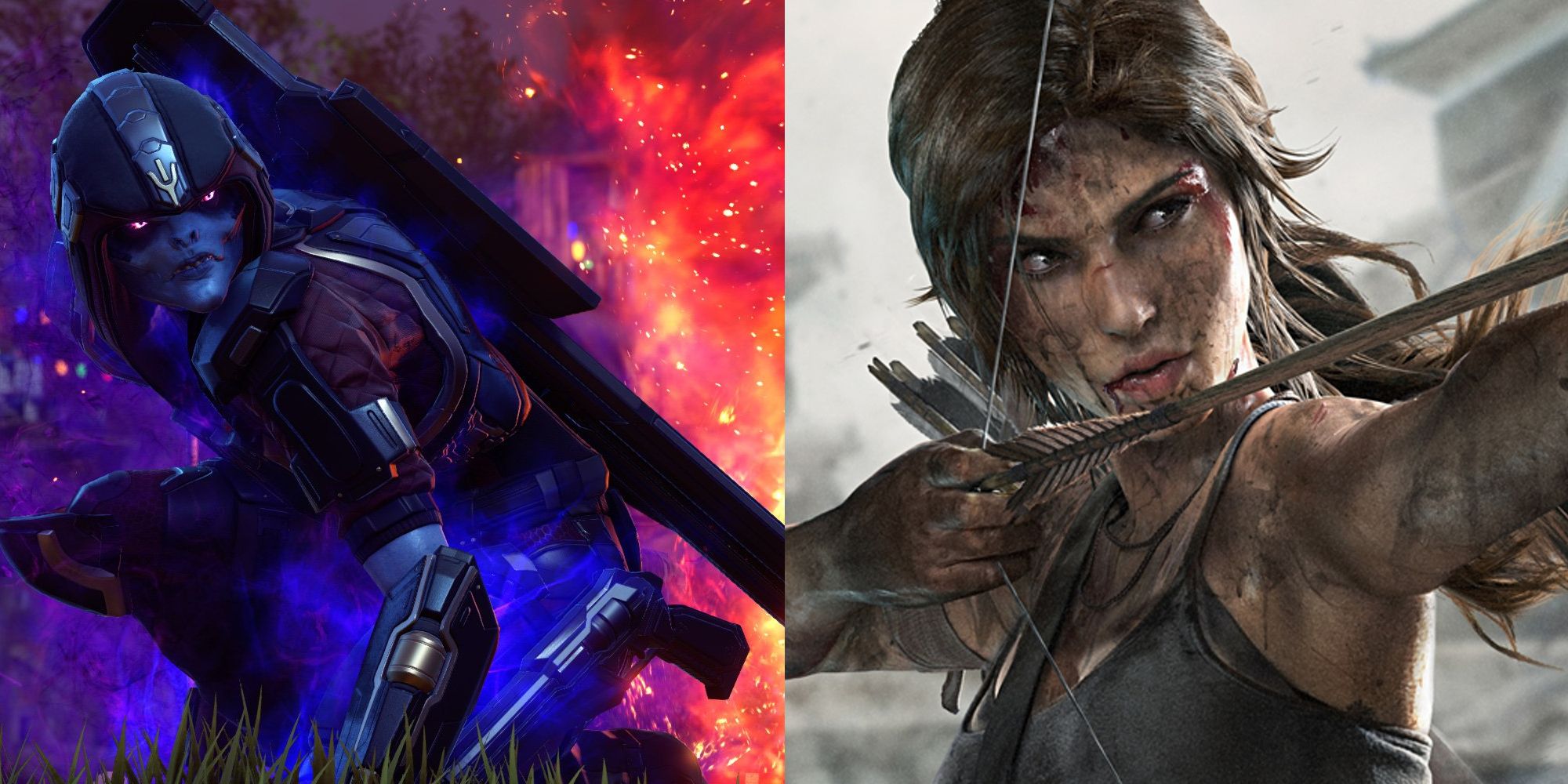 Split image of an alien in XCOM 2 and Lara Croft aiming her bow in Tomb Raider 2013