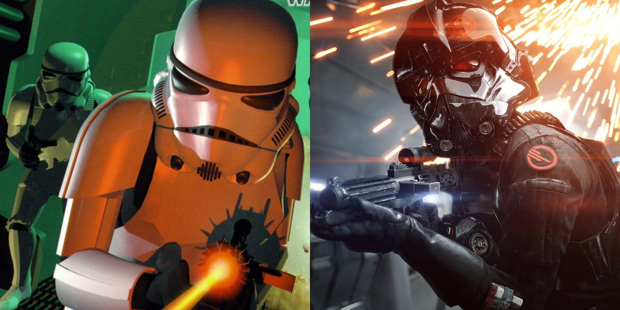 Split image of cover artwork for Dark Forces and Inferno Squad in Star Wars Battlefront II 2017