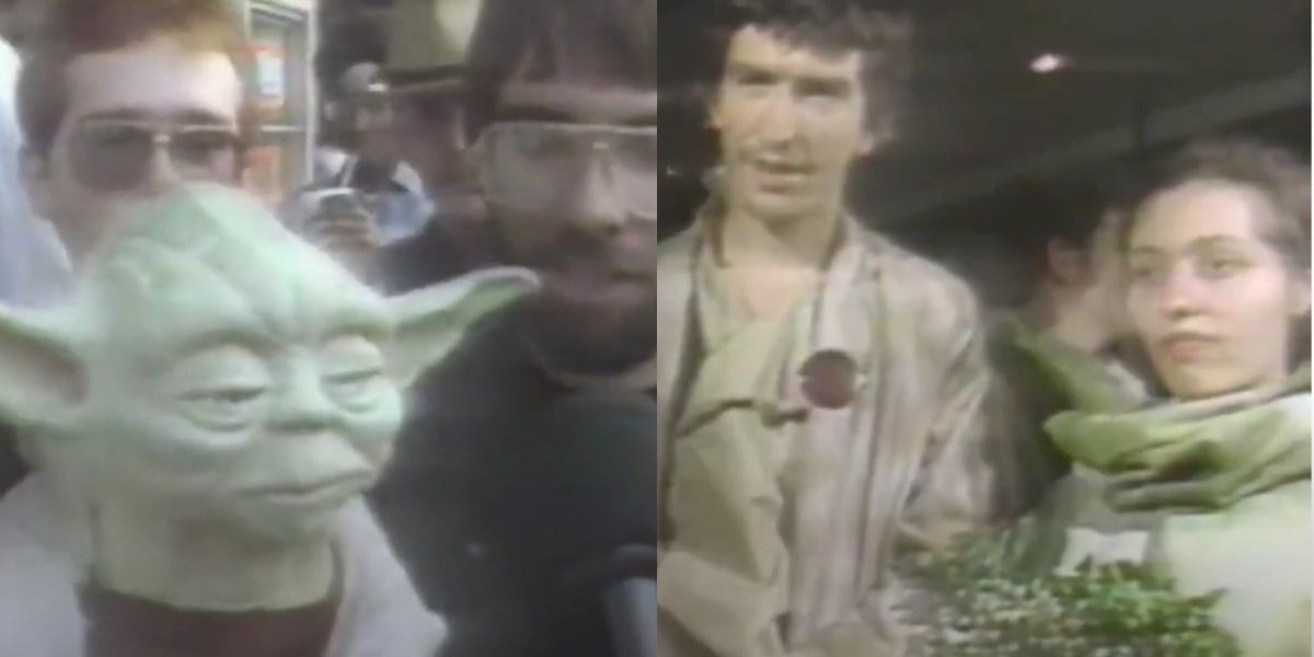 Split image of fans getting married at Return of the Jedi premiere in 1983