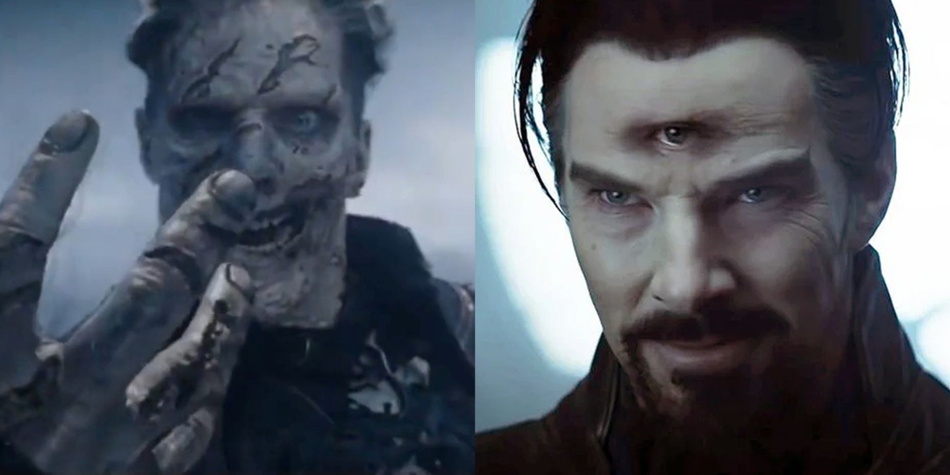 Split image of zombified Strange and evil Strange in Doctor Strange in the Multiverse of Madness