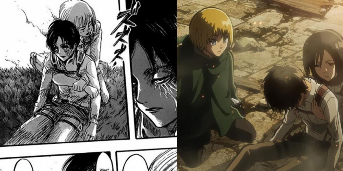 Split images of Armin lifting Eren in the manga and Mikasa lifting Eren in the anime