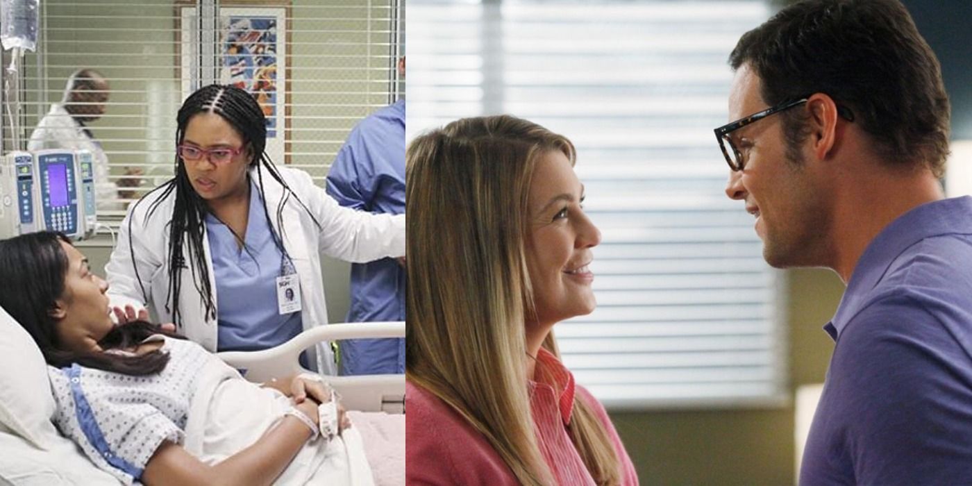 Split images of Bailey talking to a patient and Alex and Meredith smiling in Grey&rsquo;s Anatomy