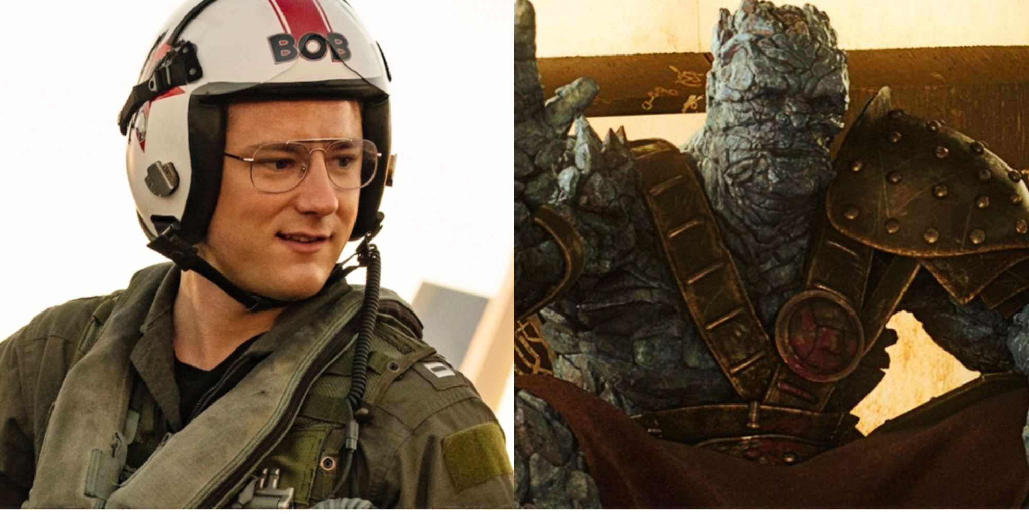 Split images of Bob in Top Gun 2 and Korg in Thor: Ragnarok