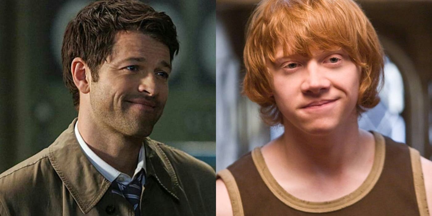 Split images of Castiel in Supernatural and Ron Weasley in Harry Potter