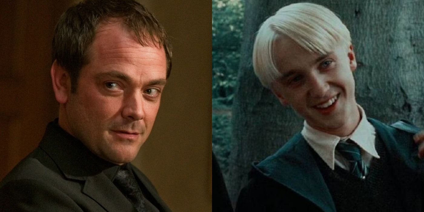 Split images of Crowley in Supernatural and Draco Malfoy in Harry Potter