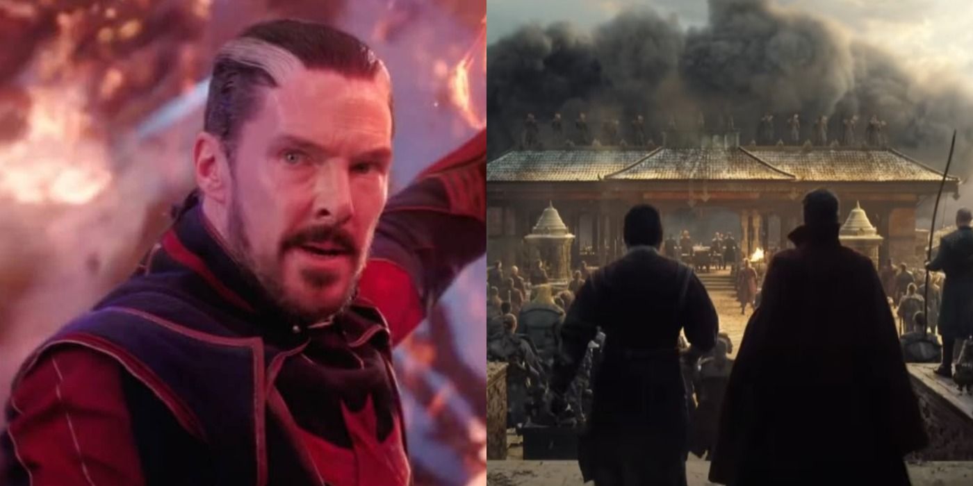 Split images of Defender Strange and the Kamar-Taj under attack in Doctor Strange 2