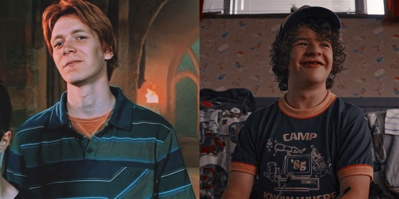 Split images of Fred Weasley in Harry Potter and Dustin Henderson in Stranger Things