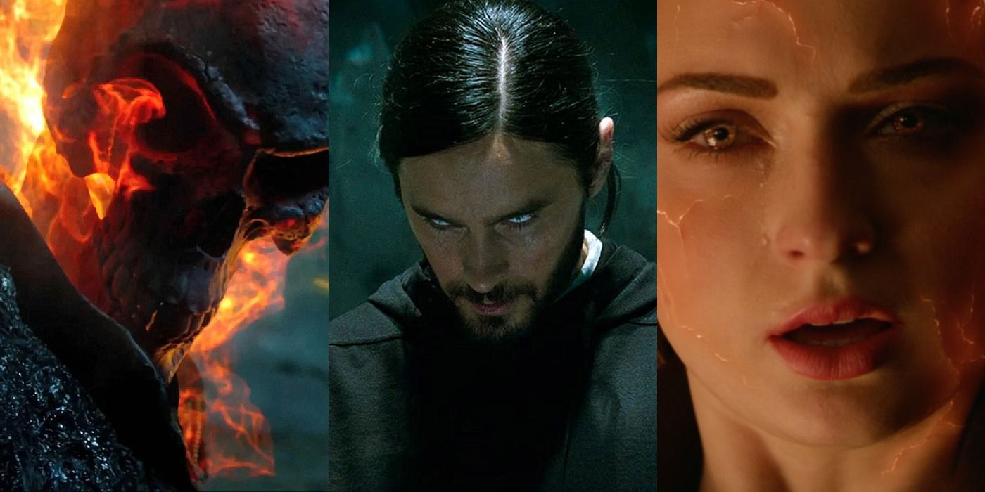 Split images of Ghost Rider Spirit of Vengeance, Morbius, and X-Men Dark Phoenix