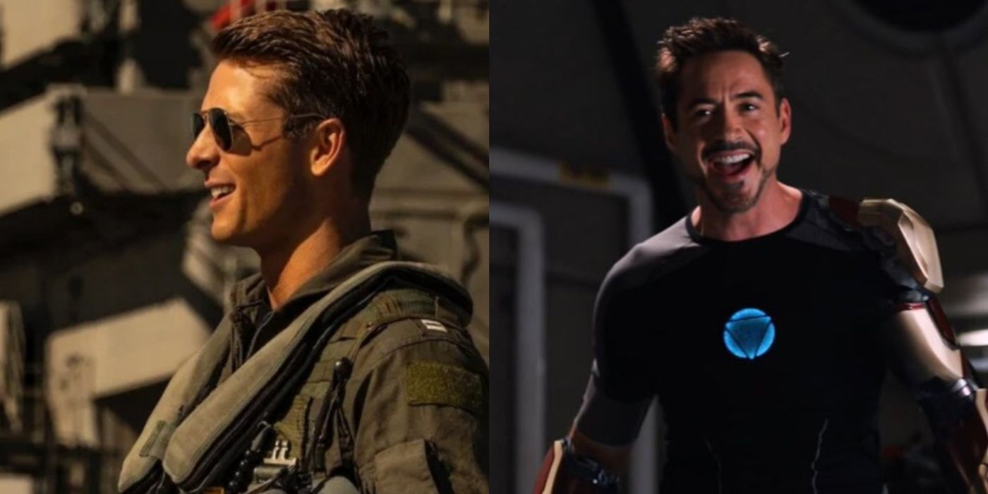 Split images of Hangman in Top Gun and Tony Stark in Iron Man