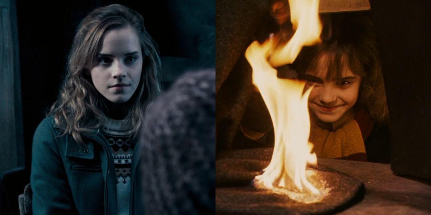 Split images of Hermione Granger in the Hog's Head and setting Snape's leg on fire in Harry Potter