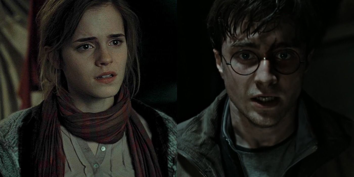 Split images of Hermione crying and Harry looking terrified in Harry Potter and the Deathly Hallows