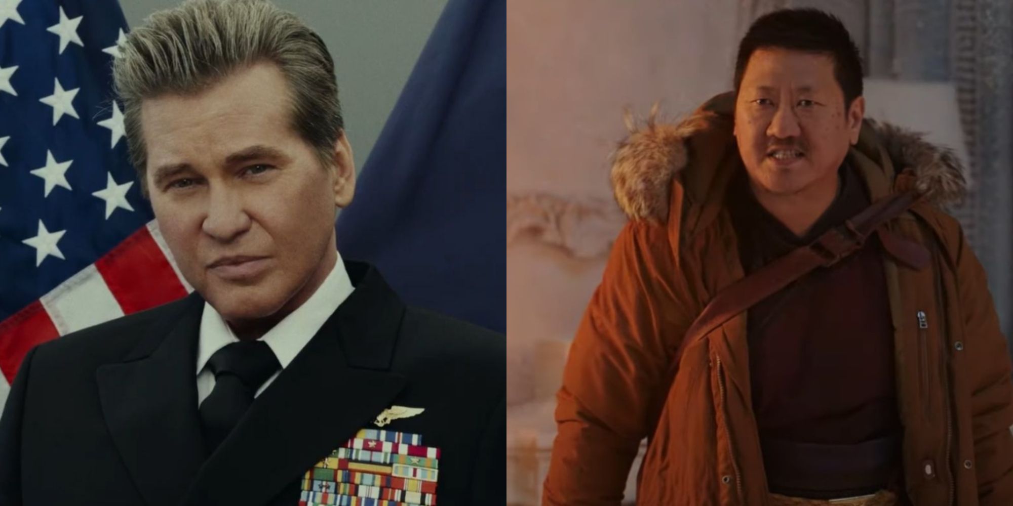 Split images of Iceman in Top Gun 2 and Wong in Spider-Man No Way Home
