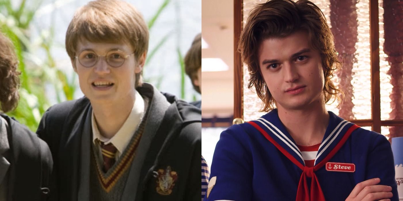 Split images of James Potter in Harry Potter and Steve Harrington in Stranger Things