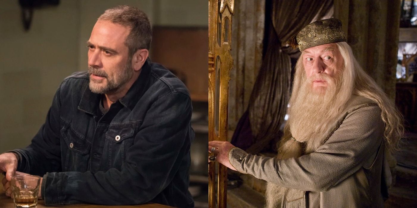 Split images of John Winchester in Supernatural and Albus Dumbledore in Harry Potter