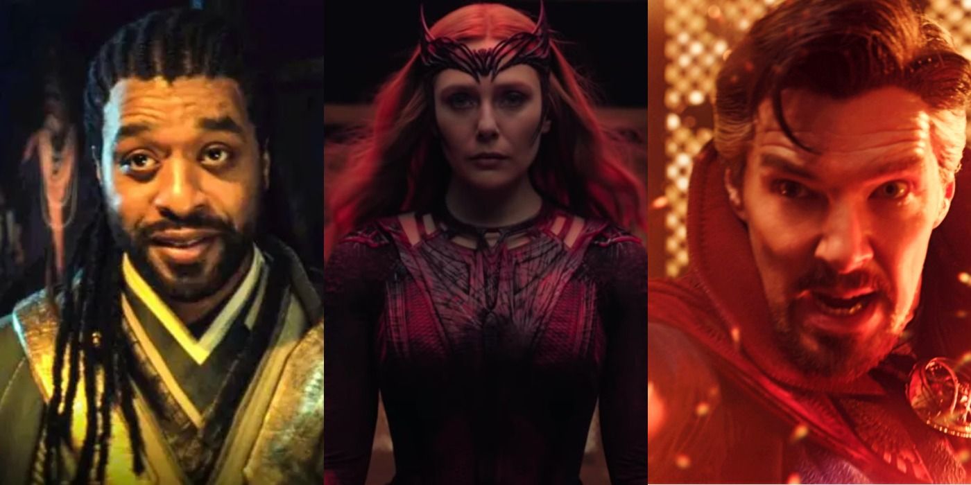 Split images of Karl Mordo, Scarlet Witch, and Doctor Strange in the Multiverse of Madness