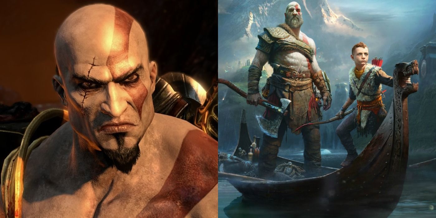 Split images of Kratos in God of War II and Kratos with Atreus in God of War 2018