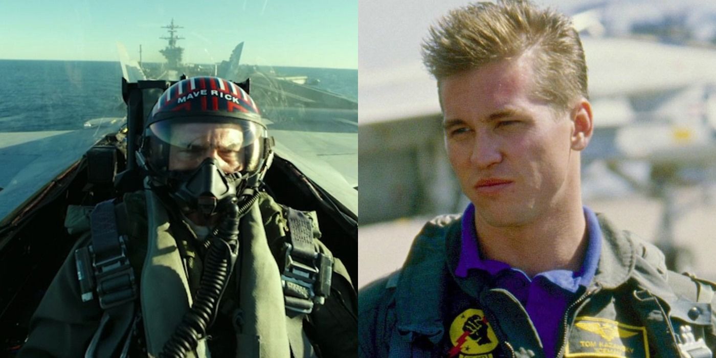 Split images of Maverick flying a jet and Iceman on the runway in Top Gun
