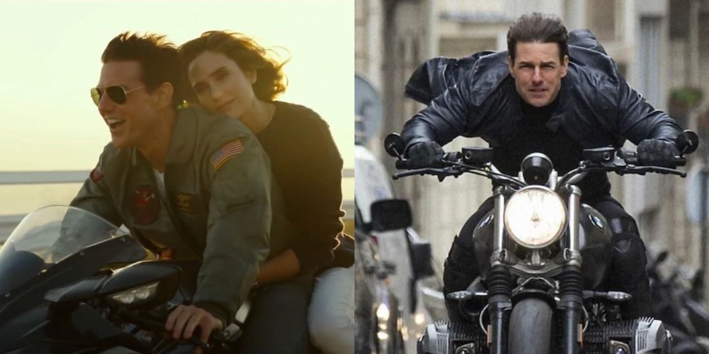 Split images of Maverick riding a bike with Penny in Top Gun and Ethan Hunt riding a bike in Mission Impossible
