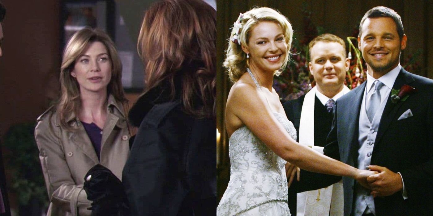 Split images of Meredith meeting Addison and Alex getting married to Izzie in Grey&rsquo;s Anatomy