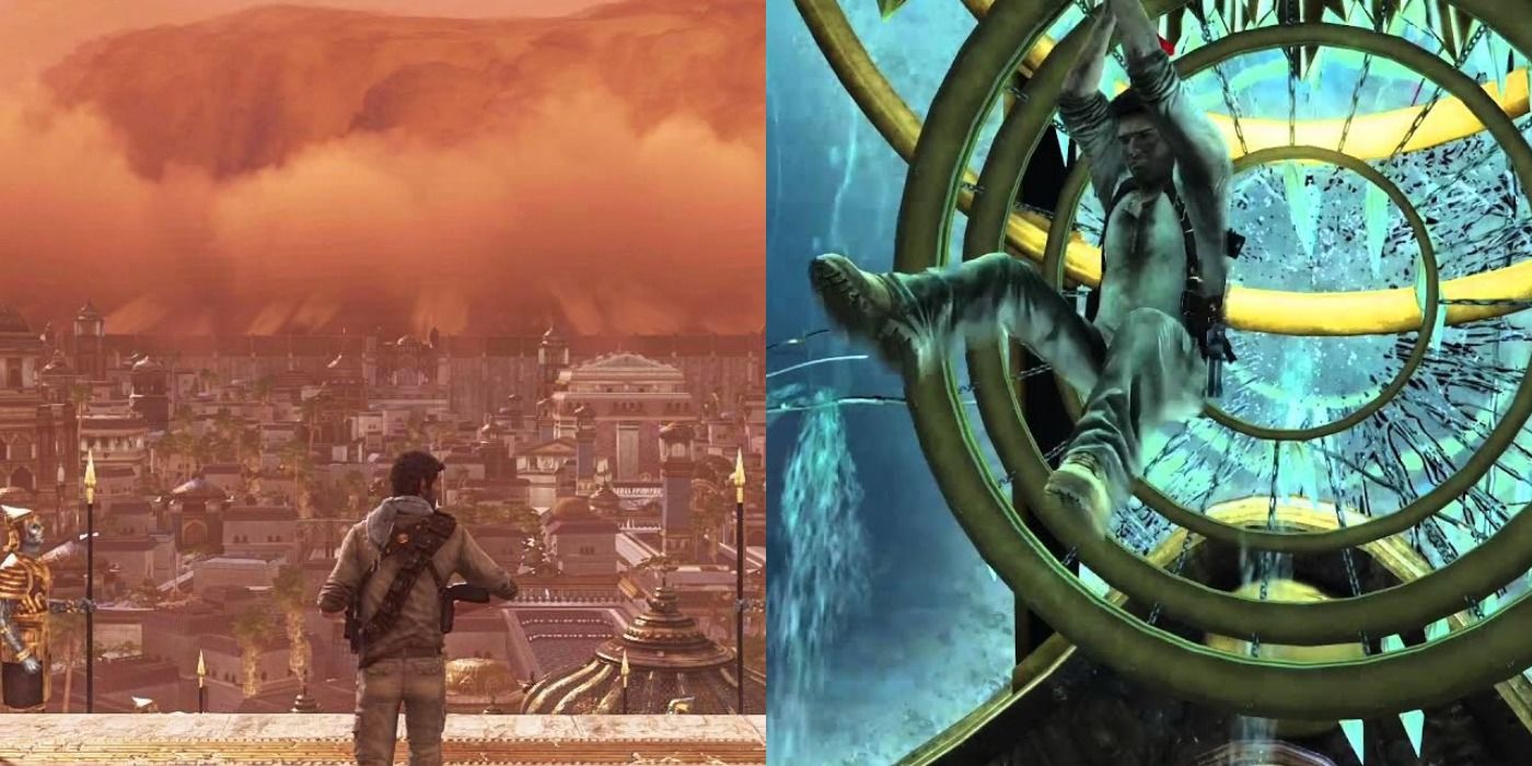 Split images of Nathan Drake in the desert and underwater in Uncharted 3