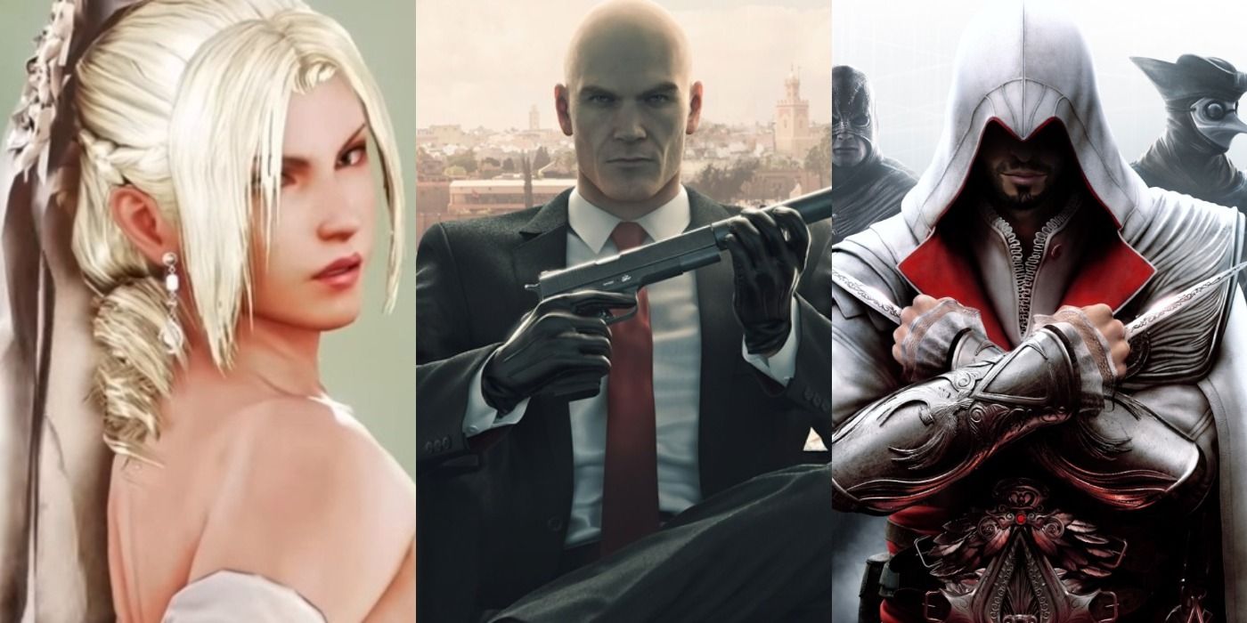 Split images of Nina Williams in Tekken, Agent 47 in Hitman, and Ezio Auditor in Assassin's Creed