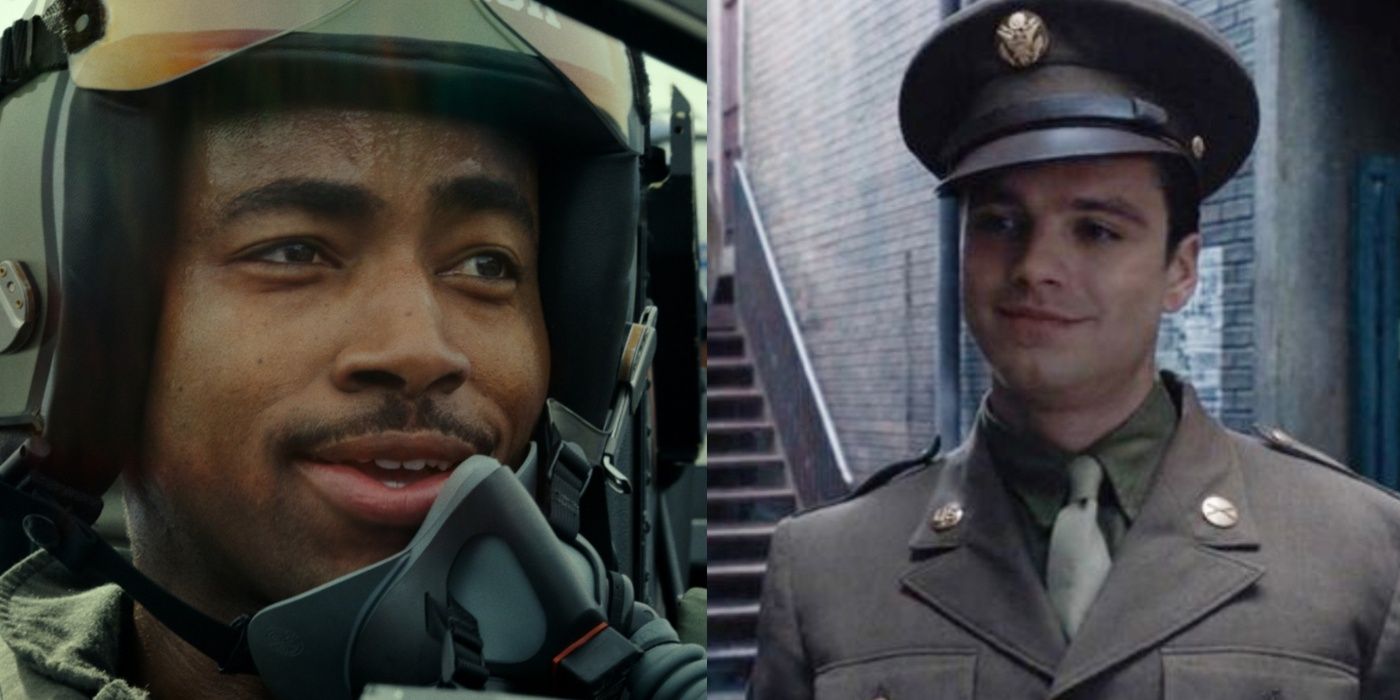 Split images of Payback in Top Gun 2 and Bucky Barnes in Captain America