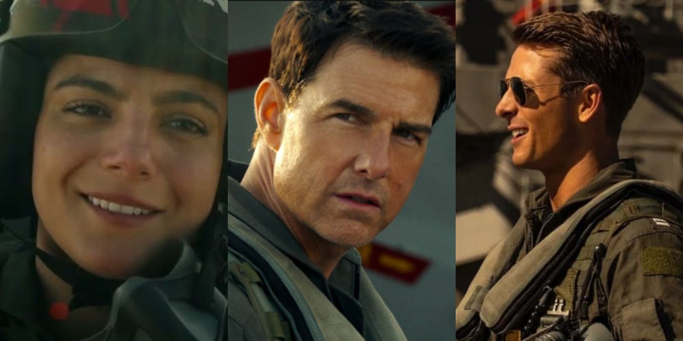 Imagens divididas de Phoenix, Maverick e Hangman em Top Gun