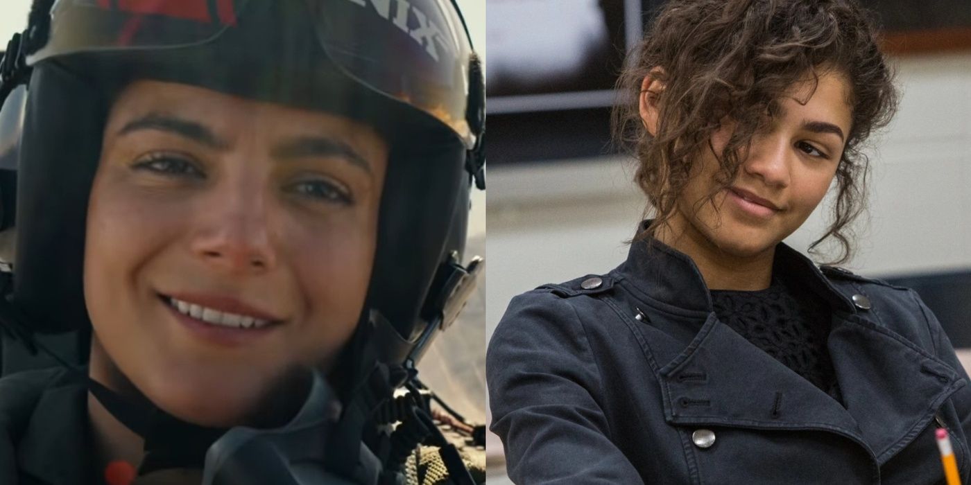 Split images of Phoenix in Top Gun 2 and Michelle Jones in Spider-Man Homecoming